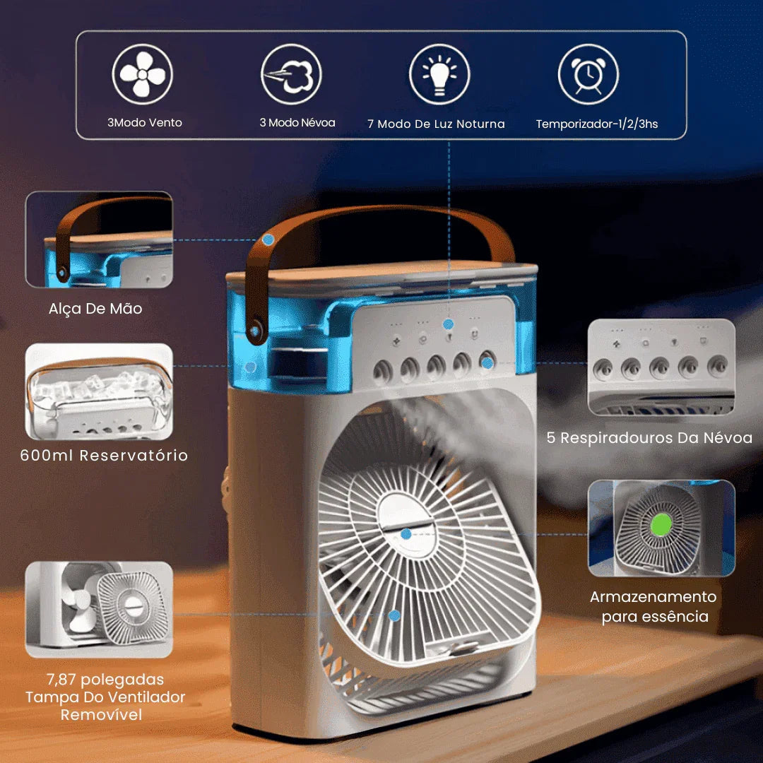 Mini Ventilador e Umidificador de Mesa Portátil Led