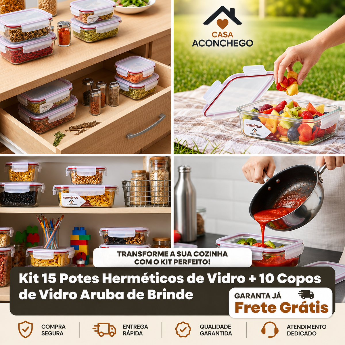 [QUEIMA DE ESTOQUE] 15 Kit Potes De Vidro + 10 Copos Aruba GRÁTIS