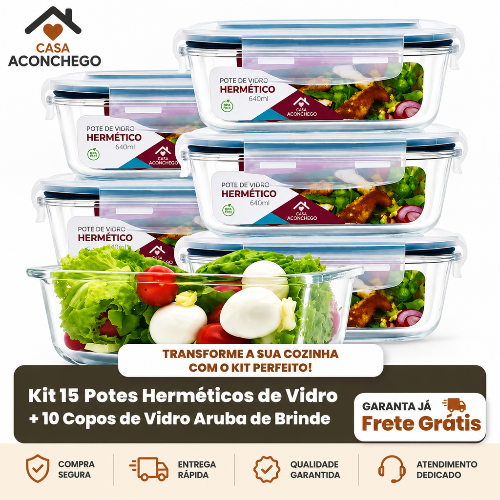 [QUEIMA DE ESTOQUE] 15 Kit Potes De Vidro + 10 Copos Aruba GRÁTIS