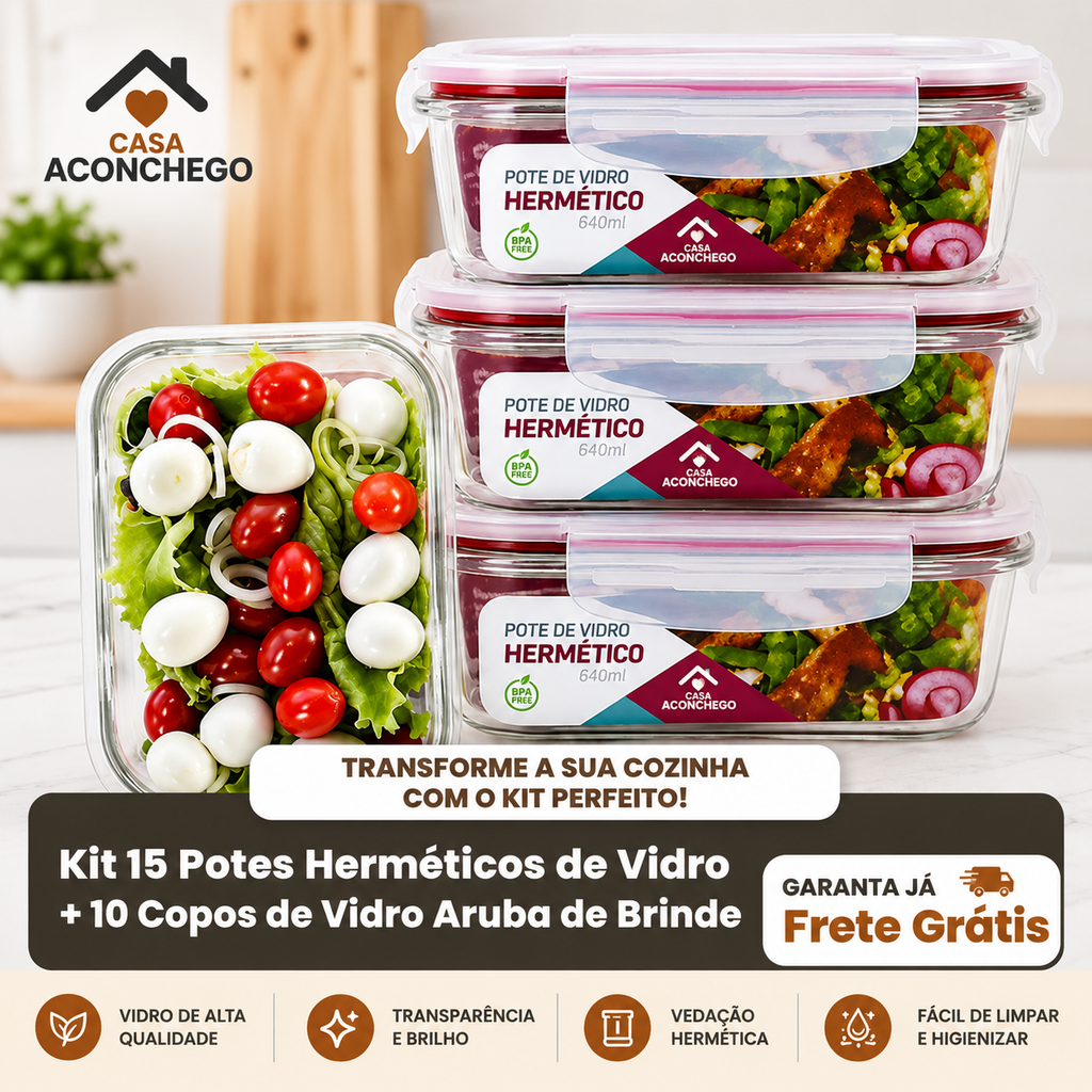 [QUEIMA DE ESTOQUE] 15 Kit Potes De Vidro + 10 Copos Aruba GRÁTIS