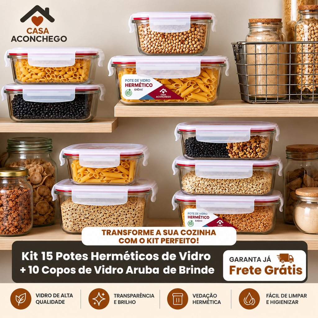 [QUEIMA DE ESTOQUE] 15 Kit Potes De Vidro + 10 Copos Aruba GRÁTIS